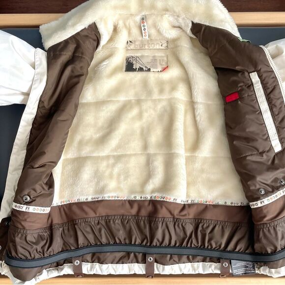 Burton Duchess Cream White Checked Insulated Ski Jacket Faux Fur Collar Size XS - Picture 12 of 16